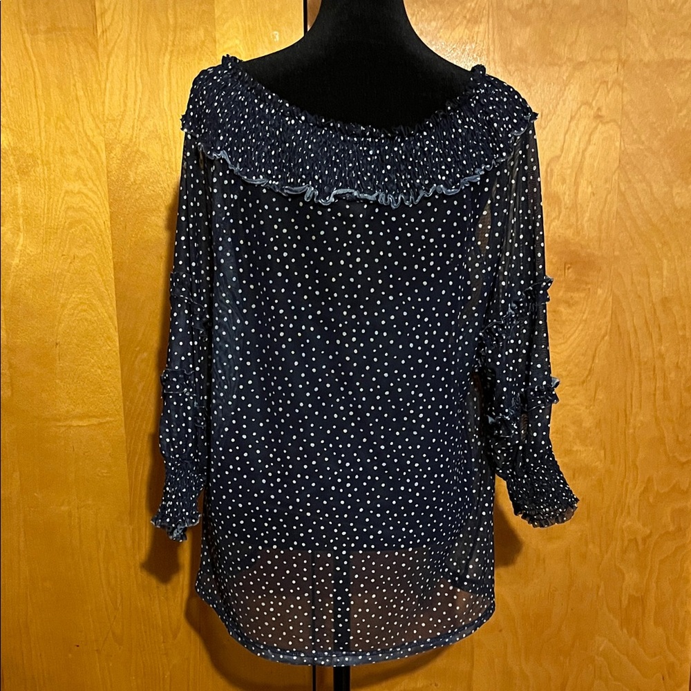 bobeau Large Navy Polka Dot Ruffled Collar Blouse - Picture 4 of 5